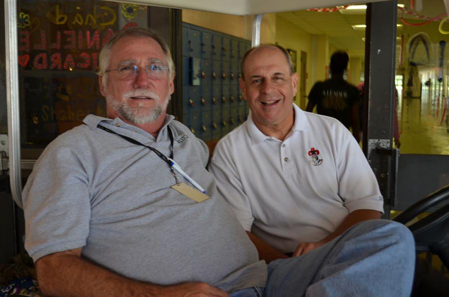 Mr. Carruthers and Mr. Krupa enjoy a fun Tuesday lunch while making sure no students are getting into trouble.
