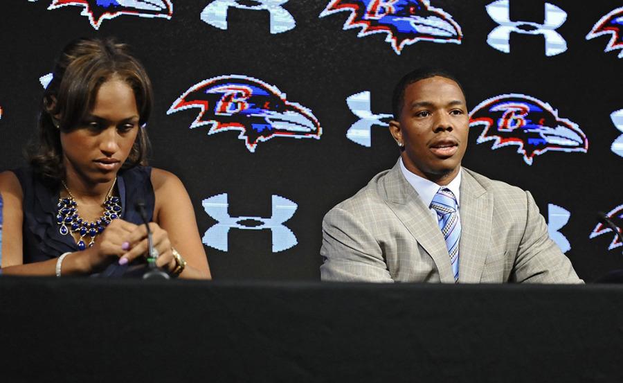 Ravens running back Ray Rice, right, and his wife Janay made statements to the news media May 5, 2014, at the Under Armour Performance Center in Owings Mills, Md, regarding his assault charge for knocking her unconscious in a New Jersey casino. On Monday, Sept. 8, 2014, Rice was let go from the Baltimore Ravens after a video surfaced from TMZ showing the incident. (Kenneth K. Lam/Baltimore Sun/MCT)
