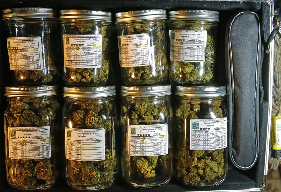 A small suitcase with Mason jars of medical marijuana at the Laguna Woods, Calif., retirement community's medical marijuana collective.