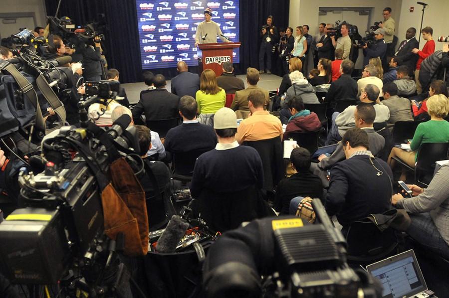 New England Patriots quarterback Tom Brady speaks to the media at a press conference at Gillette Stadium on Thursday. Jan. 22, 2015. The press conference centered around the fact that 11 of 12 Patriot game balls were under-inflated according to NFL rules during the first half of Sunday's AFC Championship victory over the Colts. (Brad Horrigan/Hartford Courant/TNS)