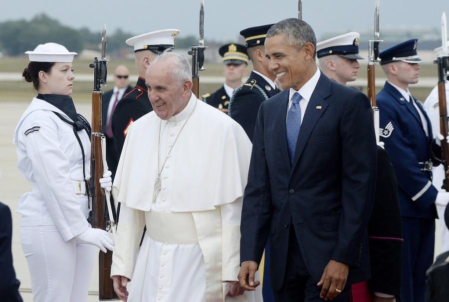U.S.+President+Barack+Obama+greets+His+Holiness+Pope+Francis+on+his+arrival+at+Joint+Base+Andrews+in+Maryland+on+Tuesday%2C+Sept.+22%2C+2015.+The+Pope+is+making+his+first+trip+to+the+United+States+on+a+three-city%2C+five-day+tour+that+will+include+Washington%2C+D.C.%2C+New+York+and+Philadelphia.+%28Olivier+Douliery%2FAbaca+Press%2FTNS%29