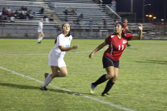 Delcy pictured (right) going for the ball.