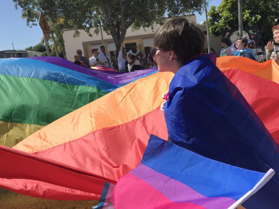 The Compass Youth Program showing their pride with a huge LGBTQ+ flag.