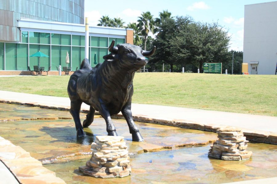 Statue of the bull in front of the Marshall Student Center.