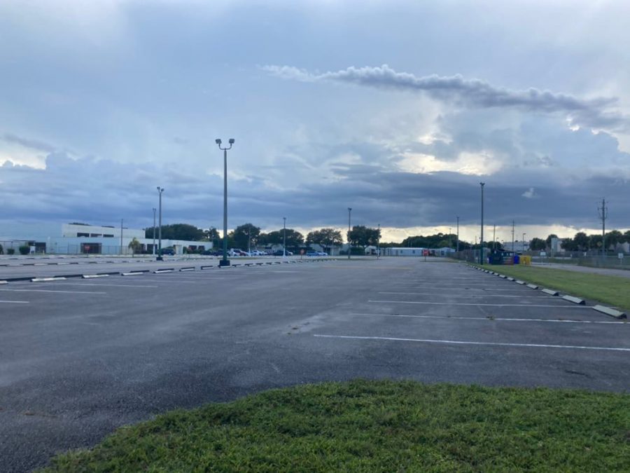 The empty student parking lot at Santaluces.