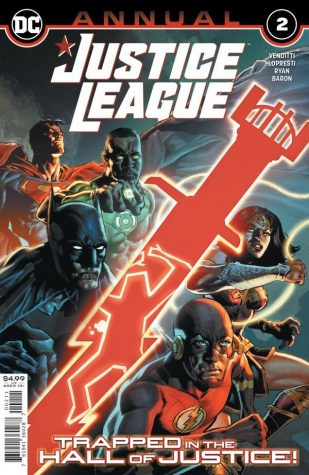 Justice League Annual #2 cover by Romulo Fajardo Jr. and Mike Perkins follows the story of the Justice League's headquarters being controlled by an outsider.