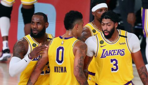 Lebron James, Anthony Davis, and Kyle Kuzma during a game against Houston.