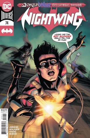 Nightwing #74 Cover by Travis Moore and Alejandro Sánchez illustrates the story of Dick Grayson breaking free from the Joker's control.
