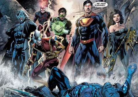 The Crime Syndicate of Earth-3. Owlman, Deathstorm, Johnny Quick, Power Ring, Ultraman, and Wonder Woman (left to right) with Sea King on the ground dying.