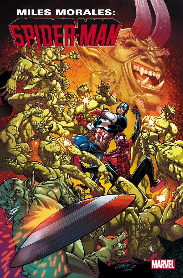 Miles Morales: Spider-Man #20 cover art drawn by Javier Garron details Captain America and Spider-Man fighting goblinoids. 