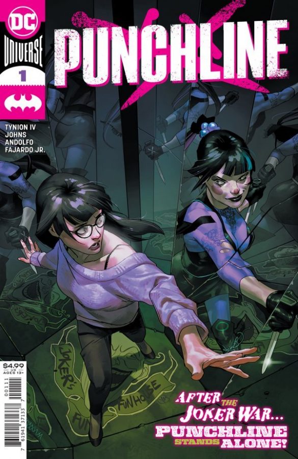 Punchline #1 cover art by Yasmine Putri shows Punchline (right) and her former self Alexis Kaye (left) staring at each other through a mirror. 
