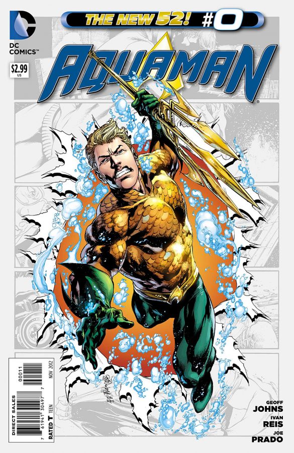 Aquaman #0 cover art illustrates Aquaman holding the Trident of Neptune while jumping out of a comic book page by Joe Prado, Ivan Reis, and Rod Reis.