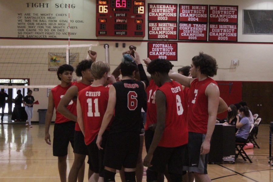 A team huddle.