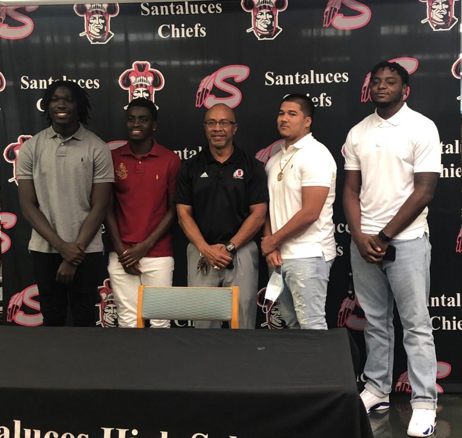 Deondre Guyton, Marcus Toussaint, Eric Martinez, and Elijah Guillaume with Coach Coe.