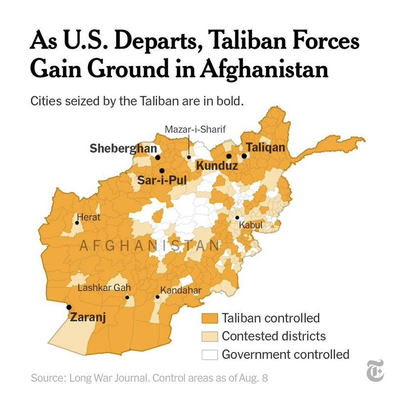 A now outdated map of Taliban control of Afghanistan