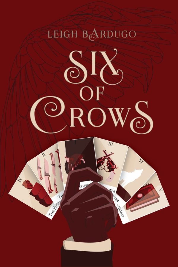 Six of Crows cover art for the first book. Each card represents a different character.