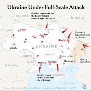 A map showing places in Ukraine hit with Russian missiles.