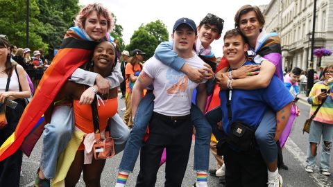 The cast of Heartstopper (Kit Connor pictured in white) enjoying London Pride 2022 back in July.