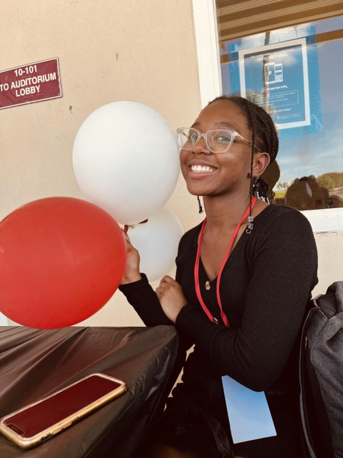 Bryanne taking a few pictures with some balloons she received during lunch.