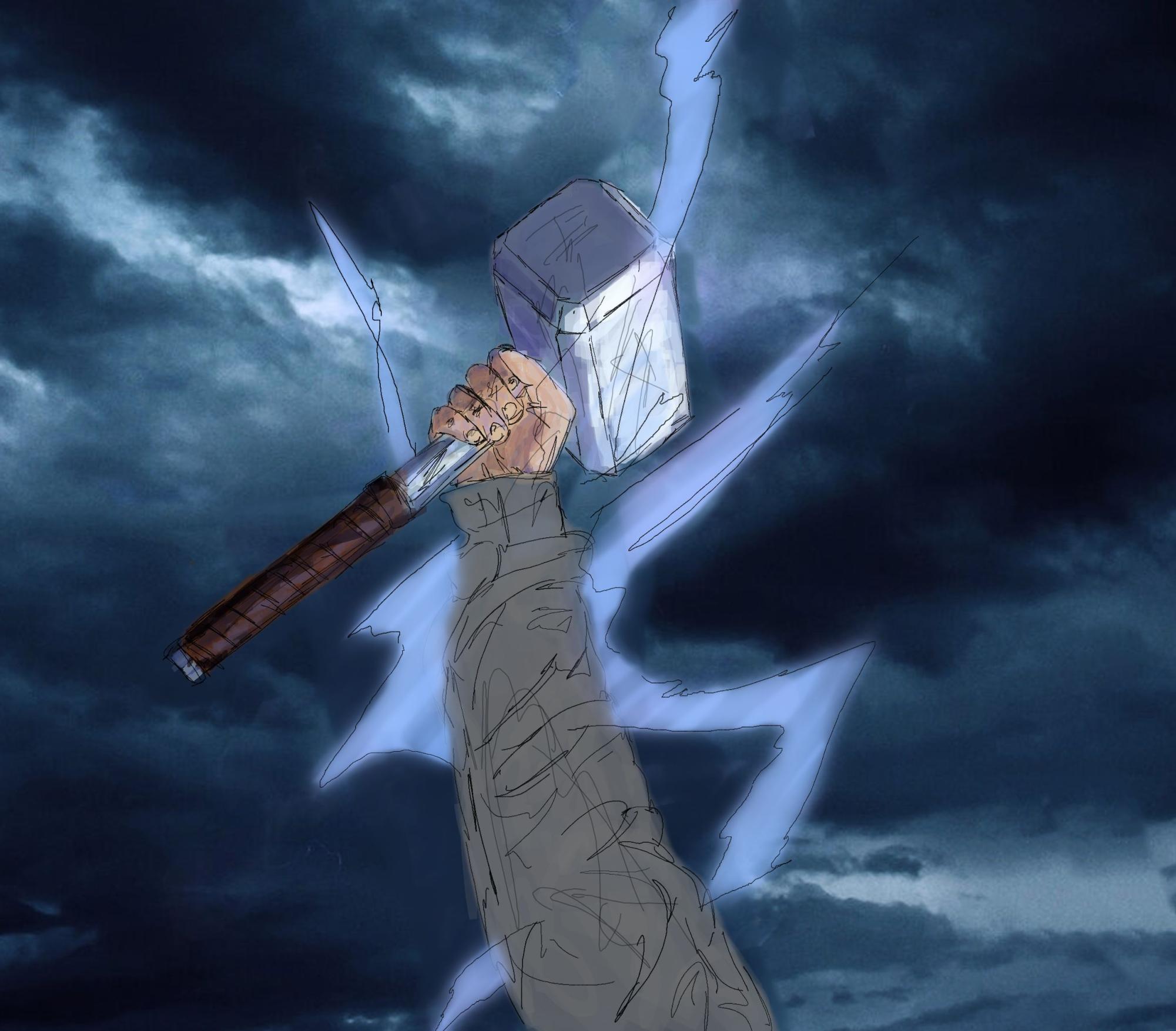 A drawing of Mange lifting his hammer in the sky. 