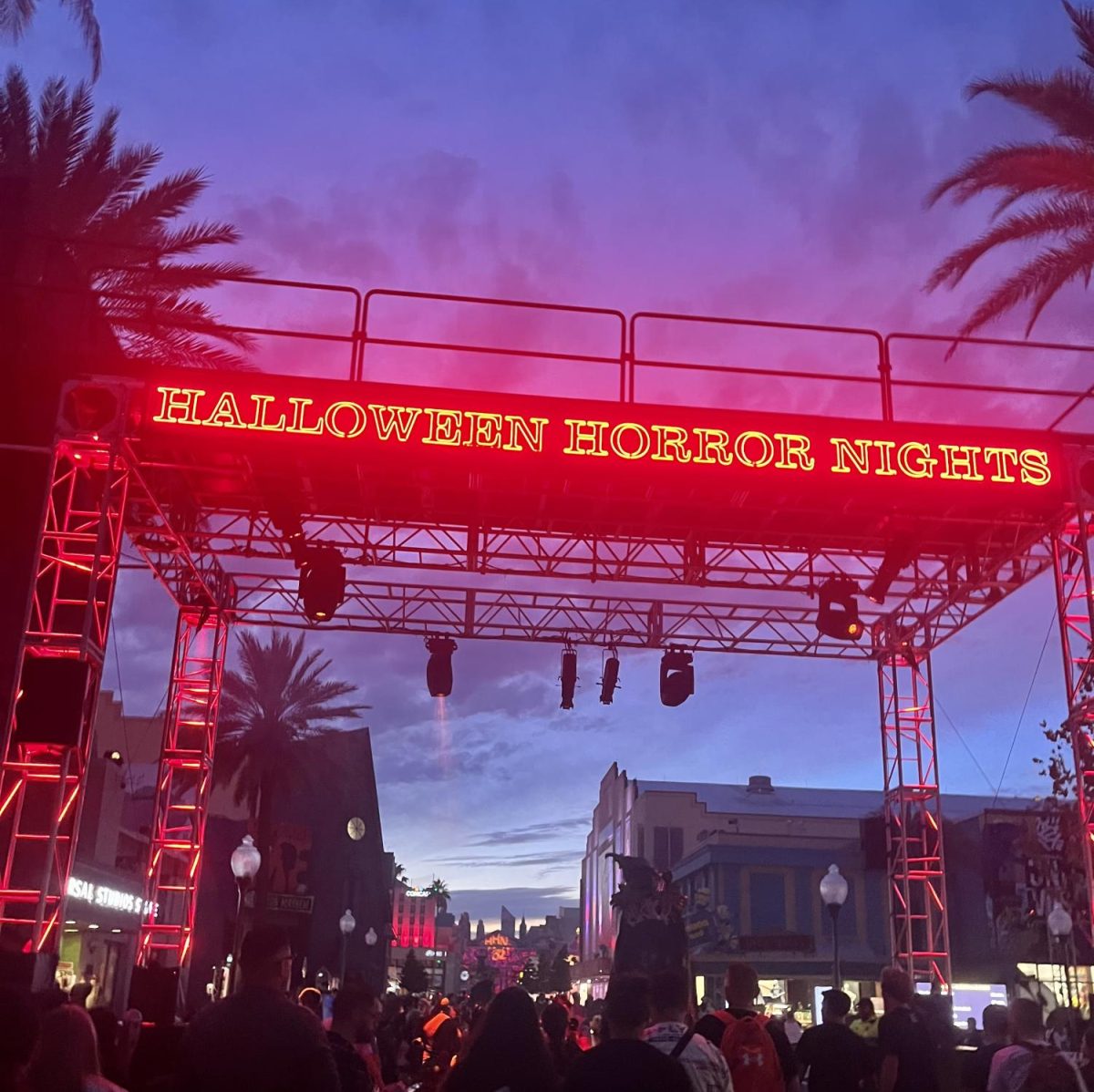 The light-up Halloween Horror Nights sign at the park