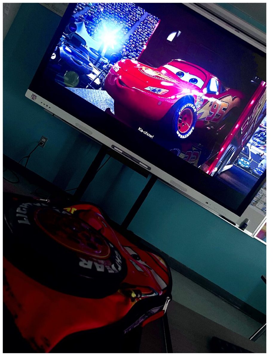 A picture of Lightning McQueen in the beloved movie, Cars