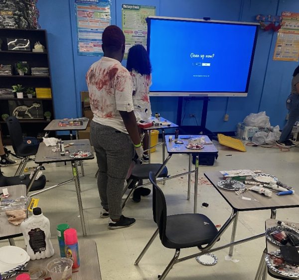 Mr. Seenaths classroom being used for the Makeup Artist Station