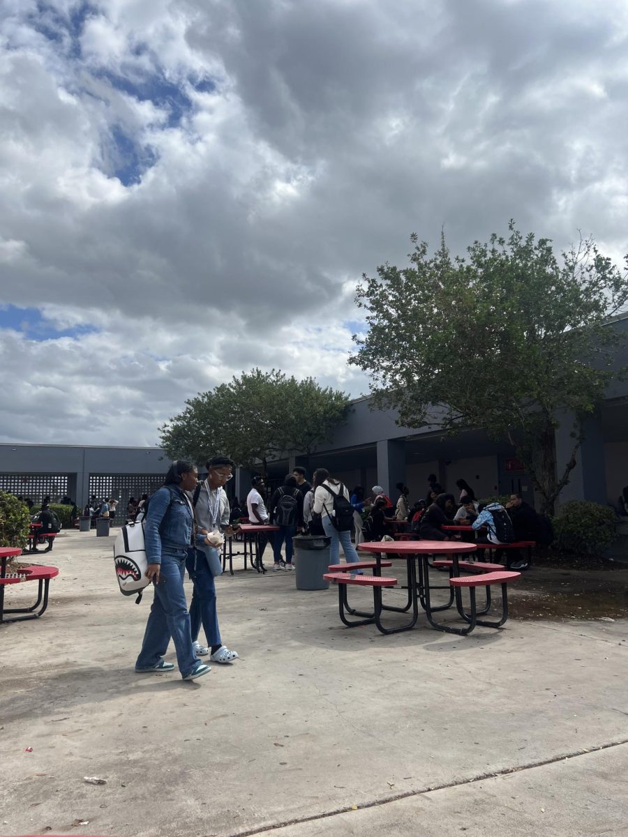 A picture of students enjoying the weather during lunch.