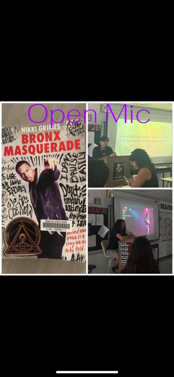 The book that gave Ms.Schroader the idea of implementing open mic in her classroom and two students who presented during her 5th period class.