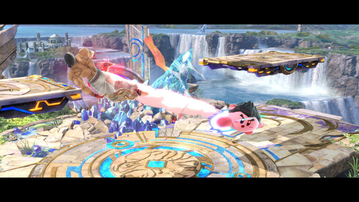An image of Kirby and Kazuya Mishima fighting in a match of Super Smash Bros. Ultimate. This was taken by the Match Replay photo editor provided by Nintendo and BANDAI NAMCO Studios.