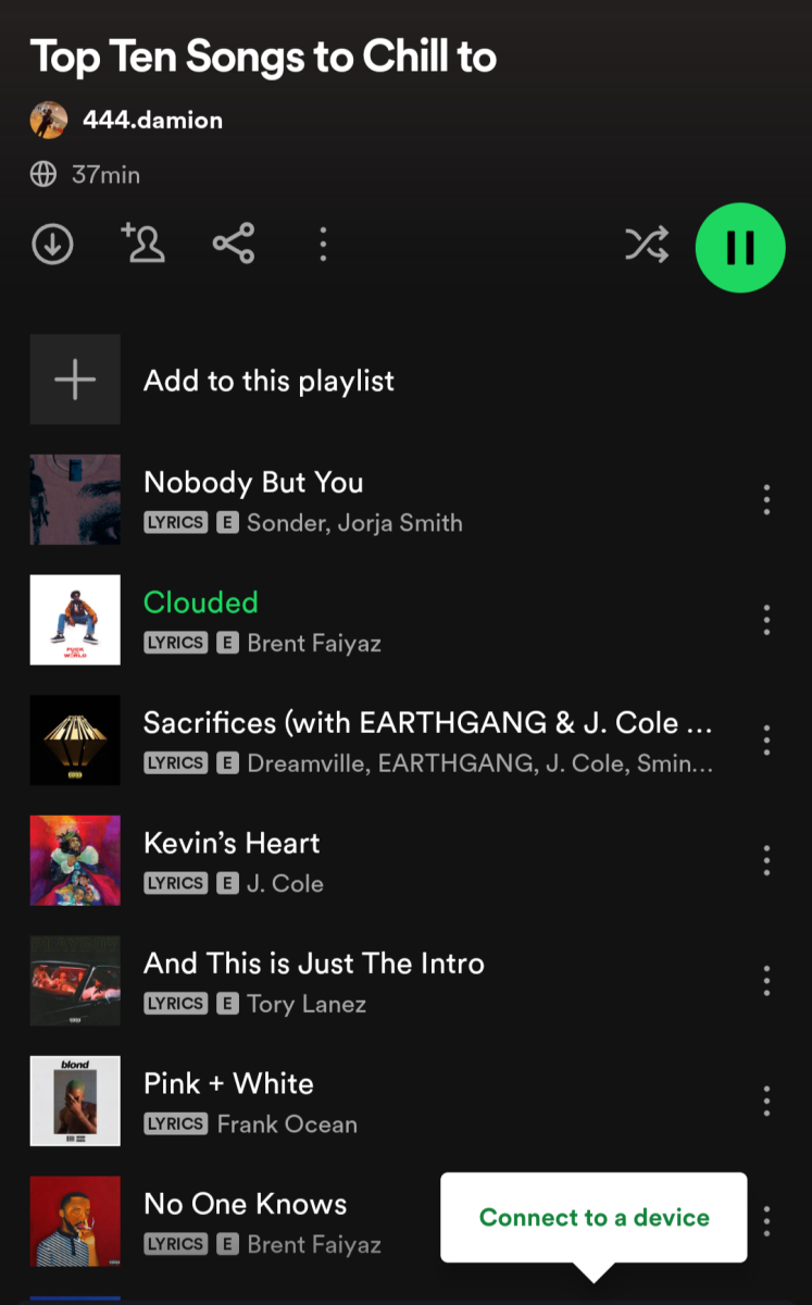 Screenshot from Spotify of the 10 listed songs to Chill to.
