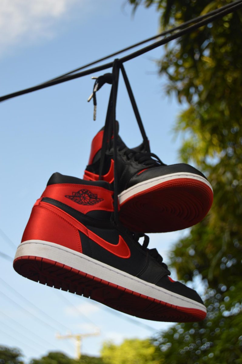 Jordan 1 Satin Bred Thrown Up On A Power Line 