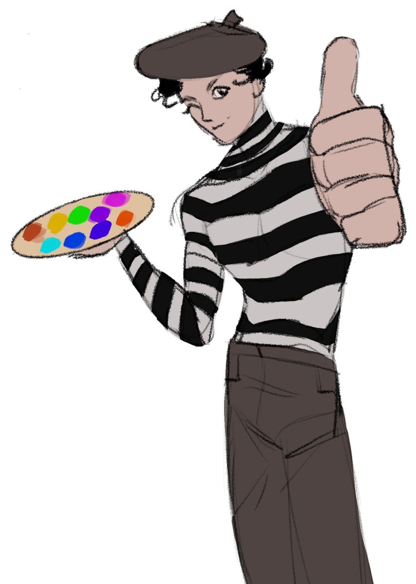 A drawing of an artist holding a palette.