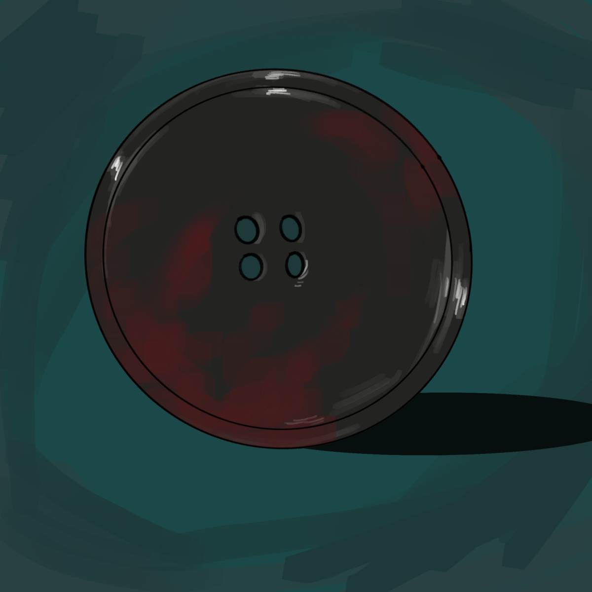 An image of a button covered in blood.