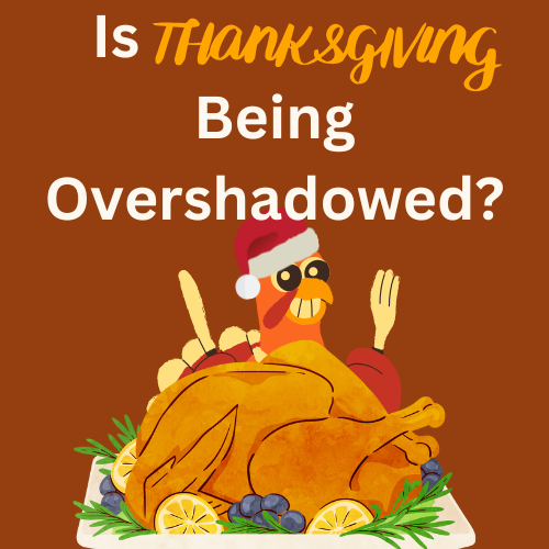 A graphic with the text, "Is Thanksgiving Being Overshadowed?" with an image of a turkey.