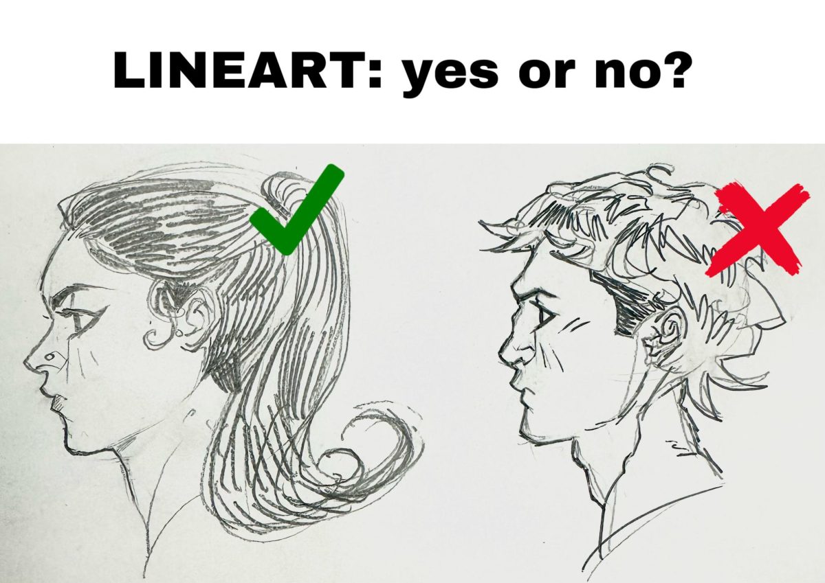 A comparison of a drawing with lineart, and a drawing without.