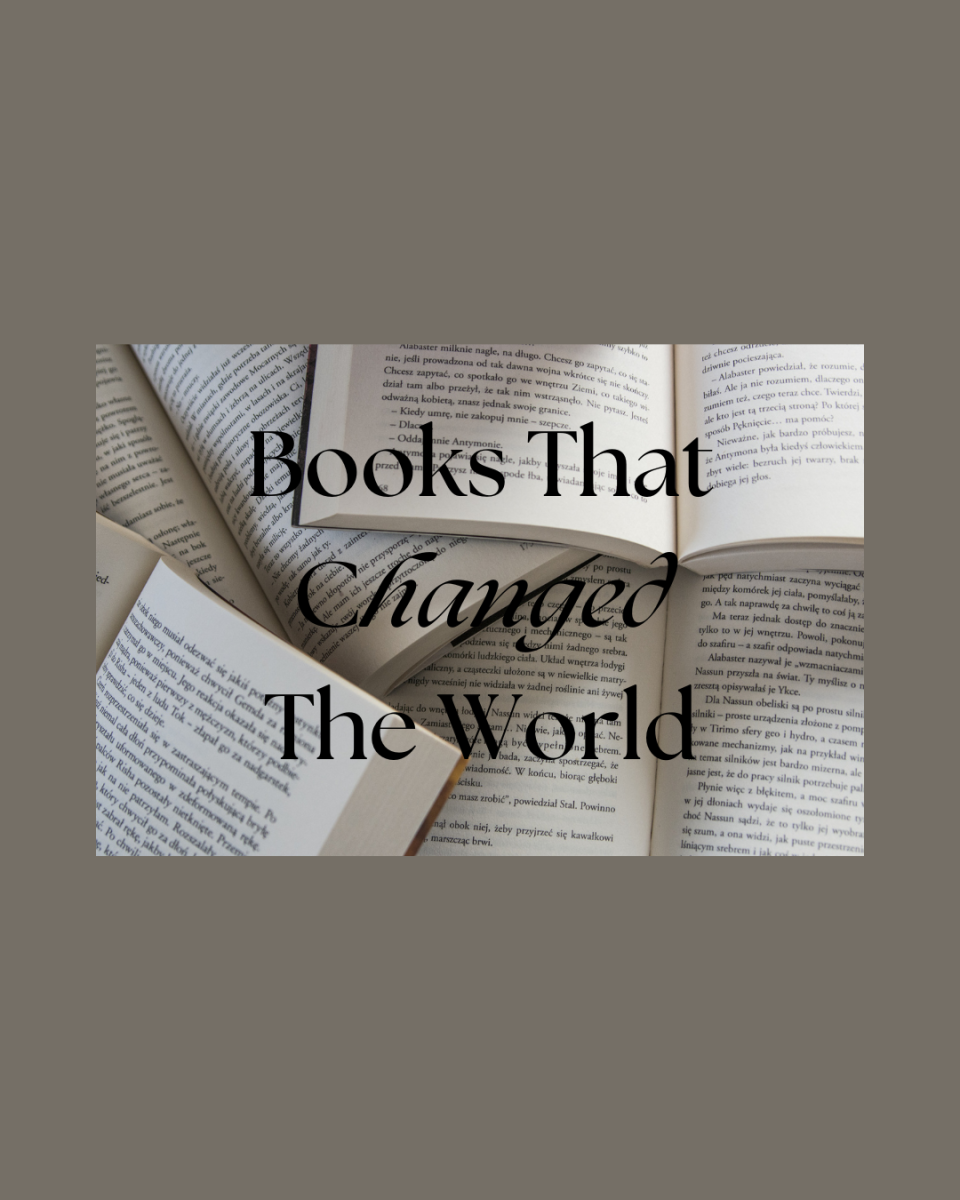 A graphic with the words, "Books That Changed The World," displayed alongside a picture of multiple open books.