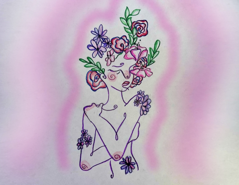 A colored pencil drawing depicting an anxious girl holding herself, blooming with flowers, and a pink aura around her.