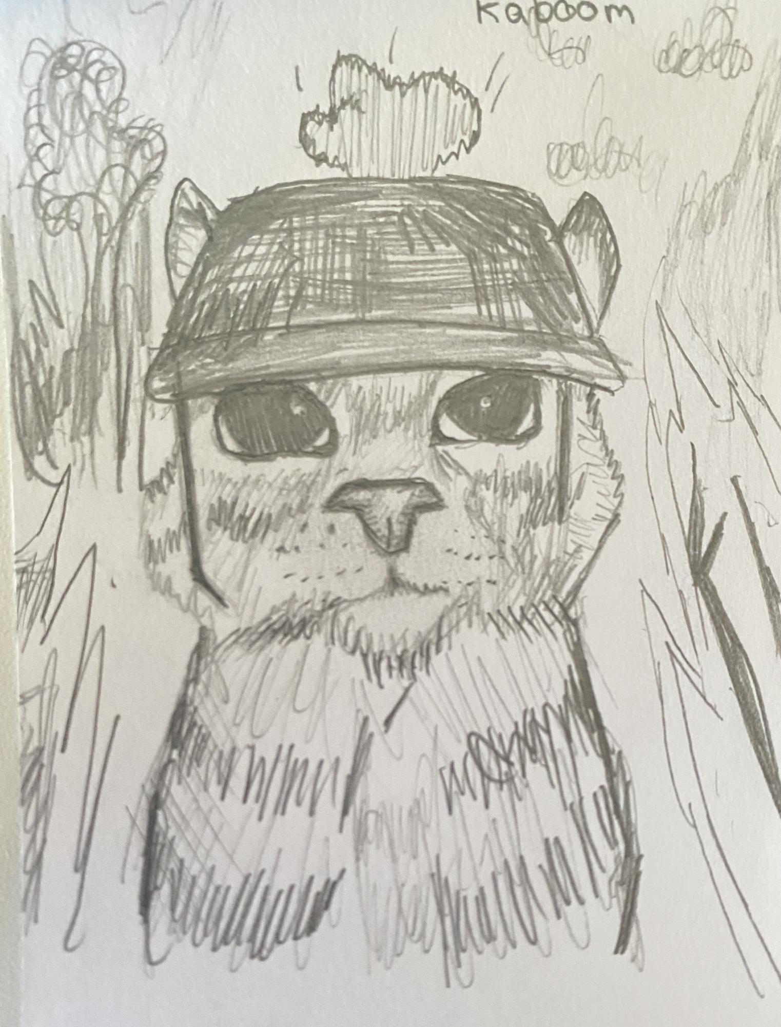 A sketch of a cat wearing a hat.